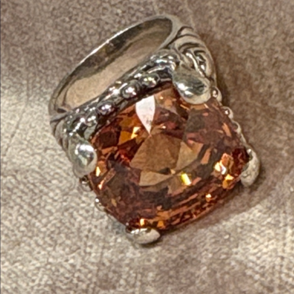 Elegant Sterling Silver 925 Ring  Rich Brown Whiskey Quartz Cushion Cut 5.75